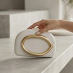 Sculptural Gold-Accent Minimalist Clutch-Off-White with Gold - Image 2