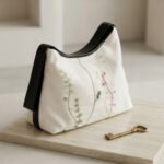Botanical Embroidered Shoulder Bag-White with Floral Embroidery and Black Trim
