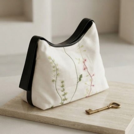 Botanical Embroidered Shoulder Bag-White with Floral Embroidery and Black Trim