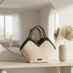 V-Cut Canvas Tote-Beige and Black - Image 3