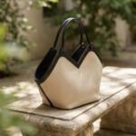 V-Cut Canvas Tote-Beige and Black