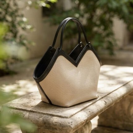V-Cut Canvas Tote-Beige and Black