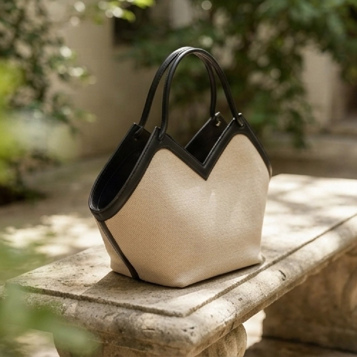 05-24 V-Cut Canvas Tote-Beige and Black - Image 1
