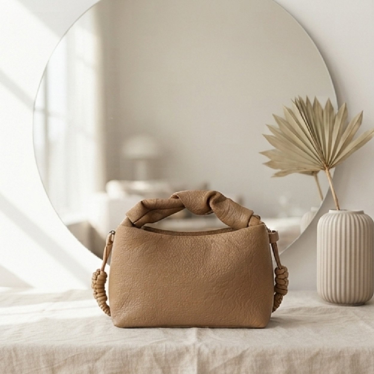 05-37 Knotted Handle Textured Hobo-Warm Camel - Image 1