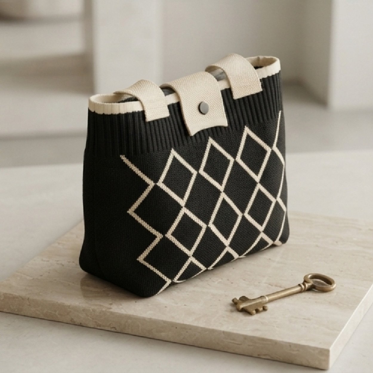 05-37 Geometric Knit Tote Bag-Black and Cream - Image 1