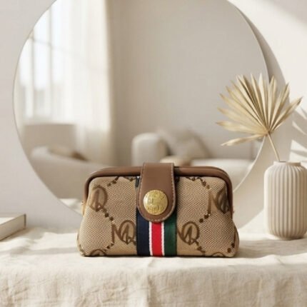 Monogram Stripe Frame Clutch-Beige/Brown with Multicolored Stripe Detail