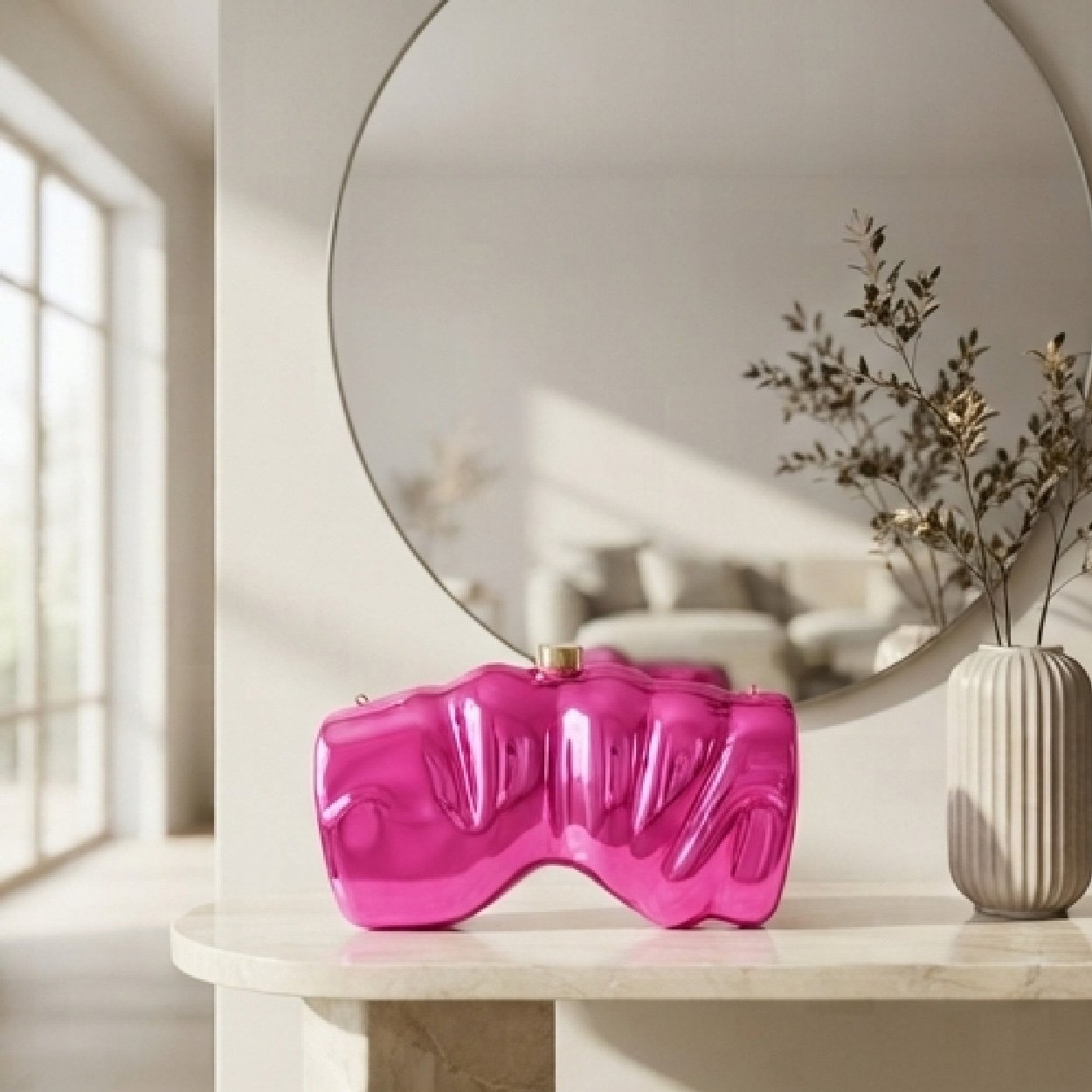 06-01 Liquid Chrome Sculptural Clutch-Neon Hot Pink - Image 1