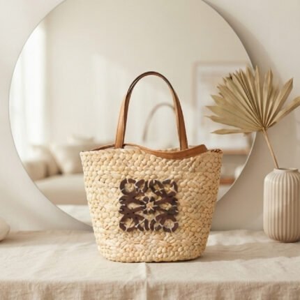 Artisan Woven Emblem Tote-Natural Straw with Brown Accent