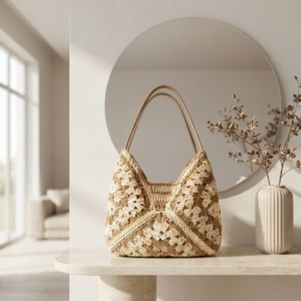 Two-Tone Crochet Summer Tote-Beige and Cream