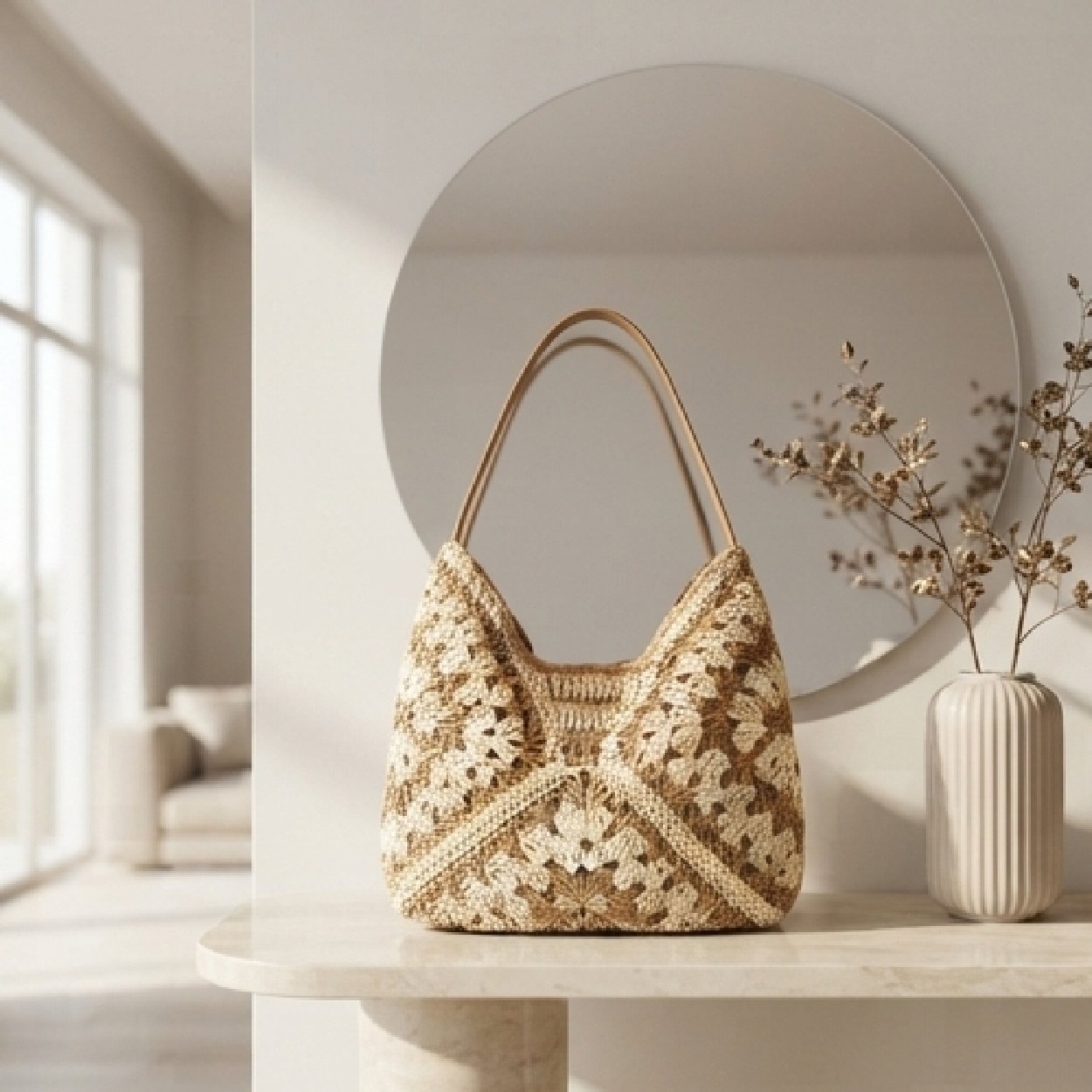 06-07 Two-Tone Crochet Summer Tote-Beige and Cream - Image 1