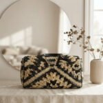 Monochrome Geometric Crochet Tote-Black and Natural Straw