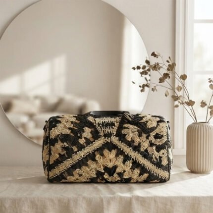 Monochrome Geometric Crochet Tote-Black and Natural Straw