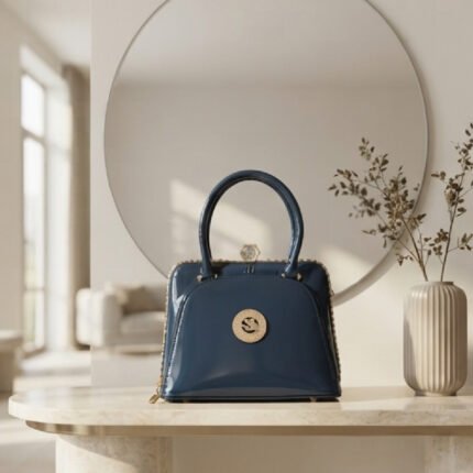 Patent Embellished Structured Handbag-Glossy Midnight Blue
