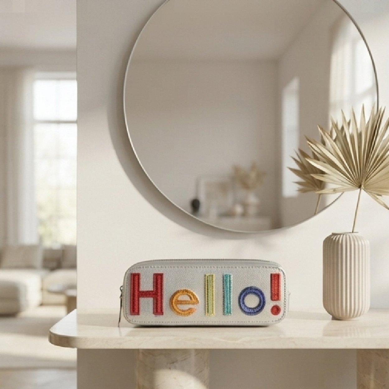 06-49-13 "Hello!" Graphic Metallic Pouch-Silver with Multicolored Lettering - Image 1