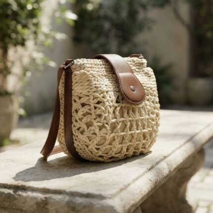 Woven Summer Crossbody Bag-Natural Straw and Brown
