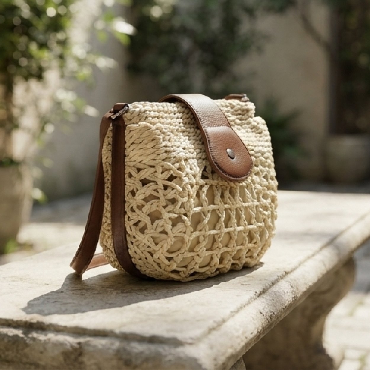 06-49-27 Woven Summer Crossbody Bag-Natural Straw and Brown - Image 1